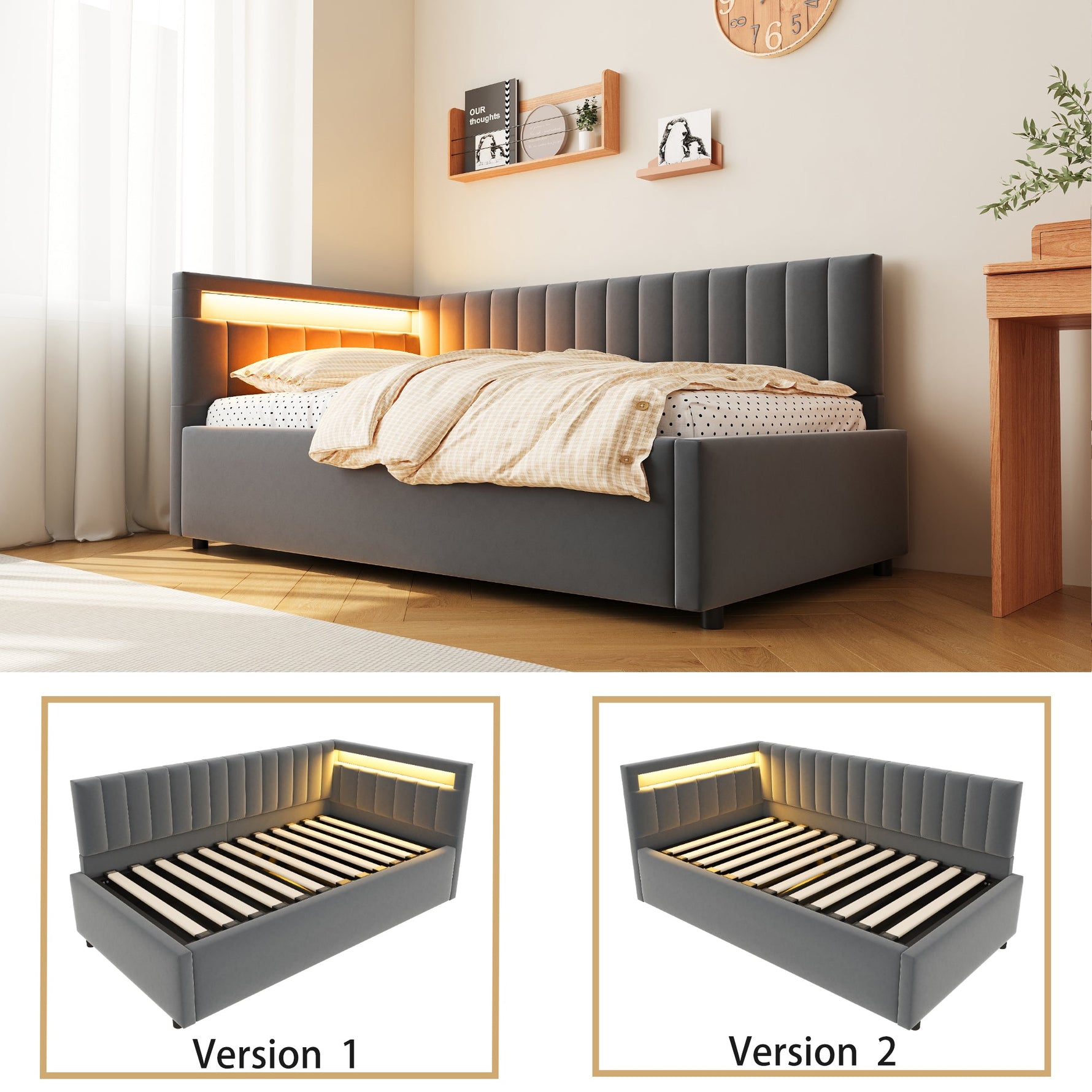 Upholstered Sofa Bed with LED Lighting and Hydraulic Storage, Velvet Beige/Gray