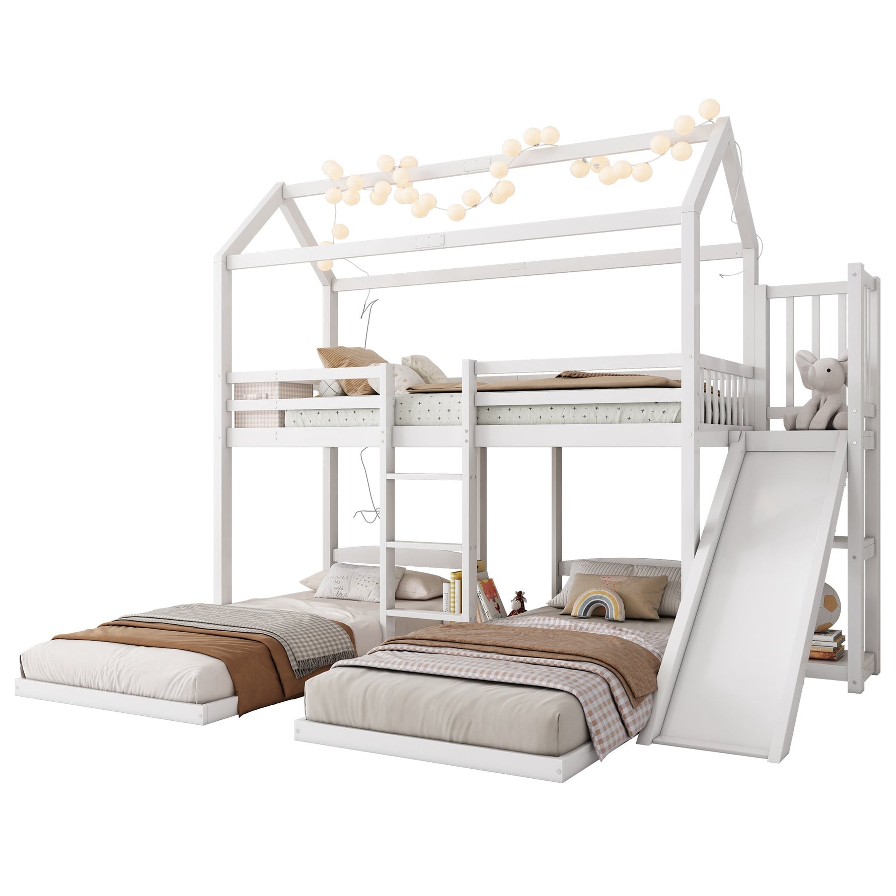Bunk Bed, Children's with Slide, Roof Design, Three-Sleeper, Storage, Pine + MDF, White