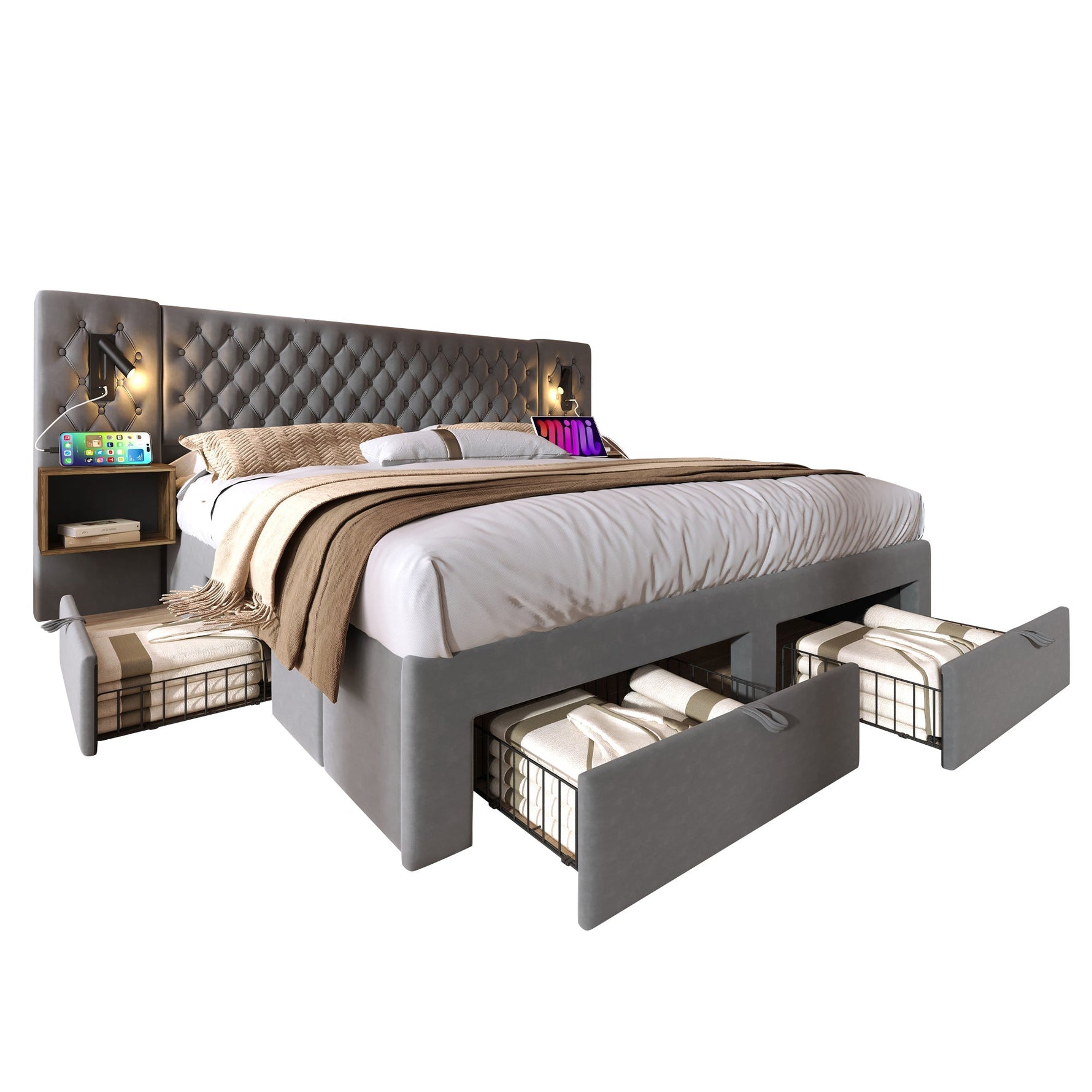 Bedroom Set, Upholstered Double Bed with 2 Nightstands & 4 Drawers, USB Reading Light, Gray Velvet