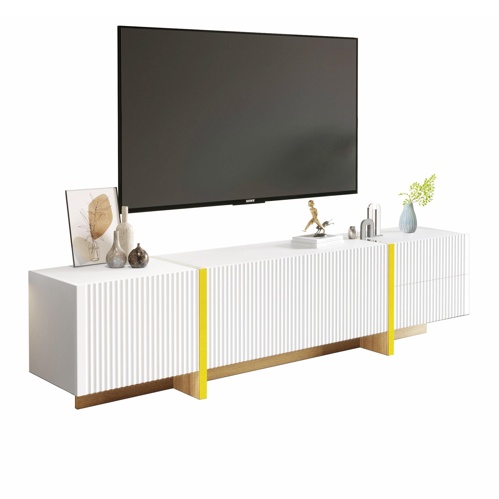TV Cabinet, 190cm 3 Doors 2 Drawers, White with Gold & Wood Grain