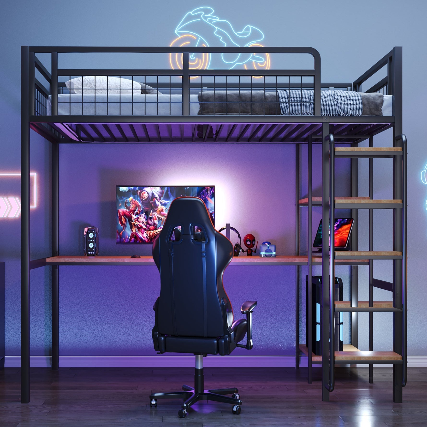Metal Loft Bed 90x200cm Safety Ladder Storage Black