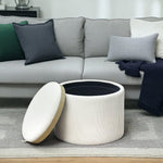 Storage Stool, Round Footstool Upholstered Coffee Table, Cream White