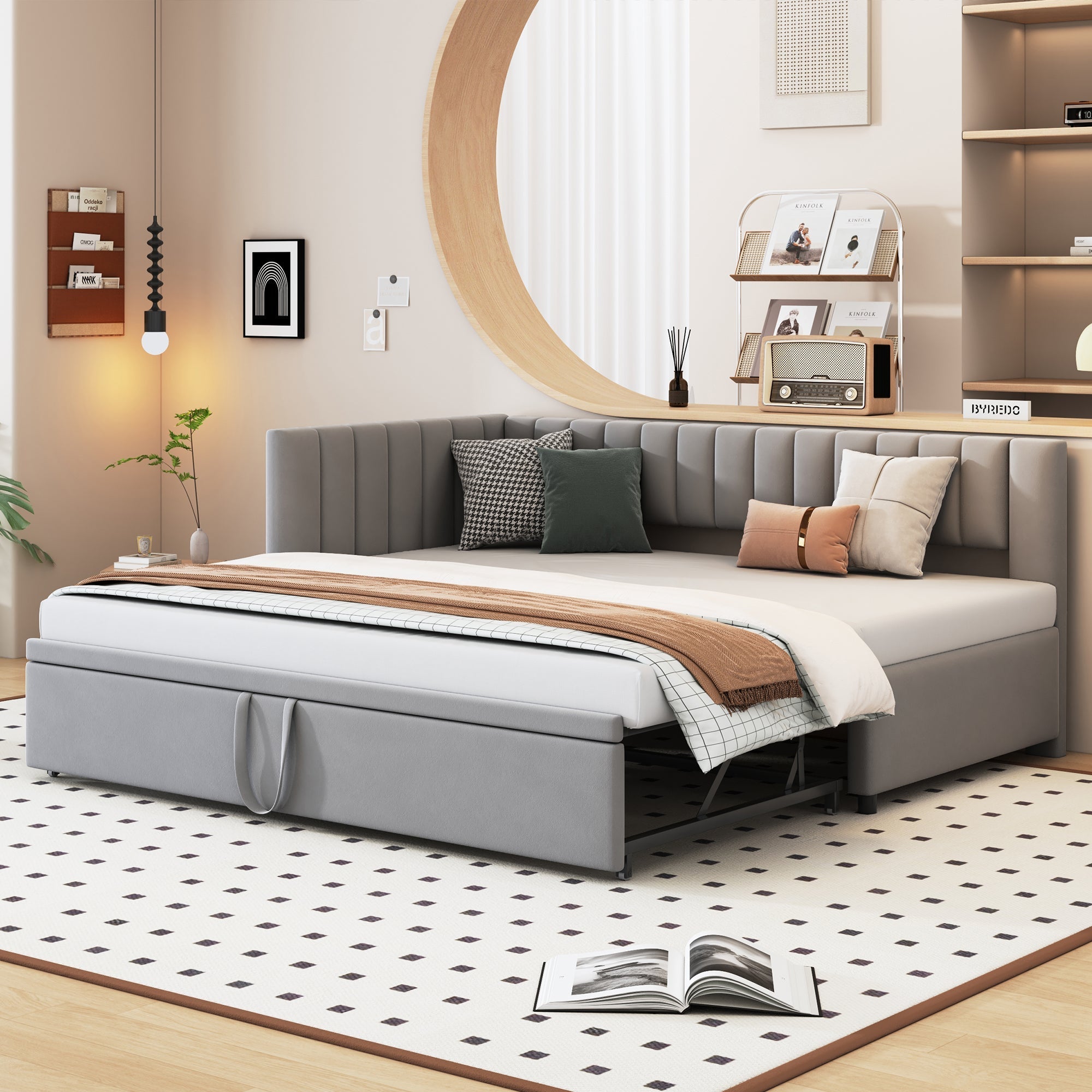 Sofa Bed, L-Shaped Pull-Out 90/180x200cm, Velvet Gray