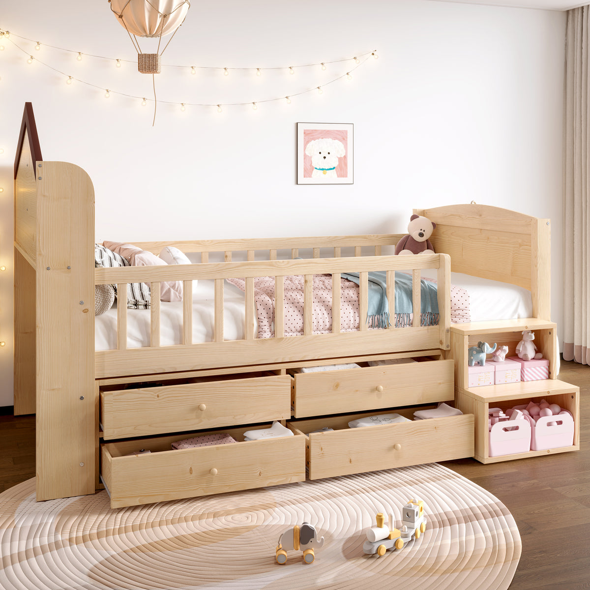Mid-Height House Bed 90x200cm with Drawers & LED, Natural Wood