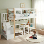 Bunk Bed with Adjustable Table, Bookshelf and Storage Stairs, 90x200cm, White and Natural Pine + MDF
