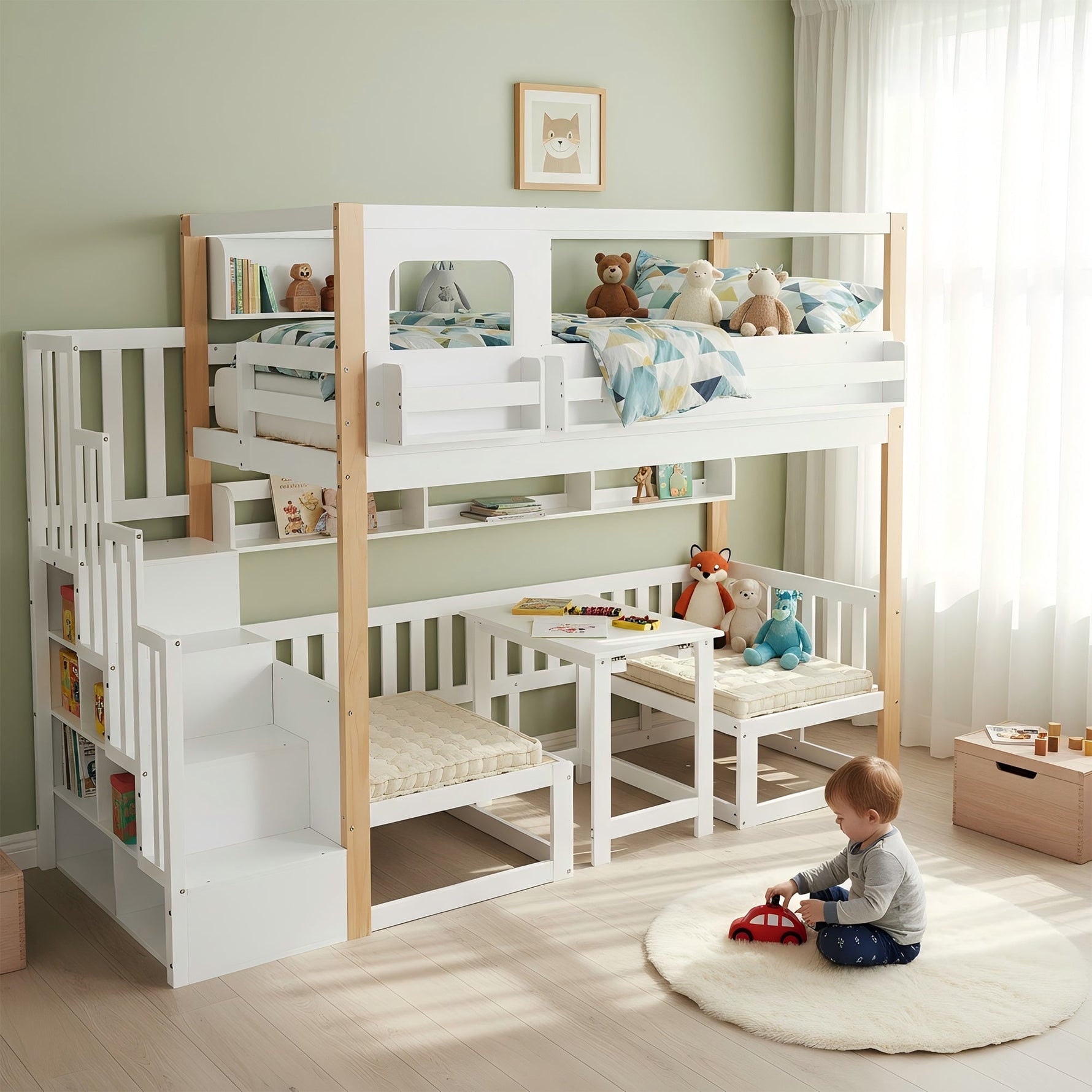 Bunk Bed with Adjustable Table, Bookshelf and Storage Stairs, 90x200cm, White and Natural Pine + MDF