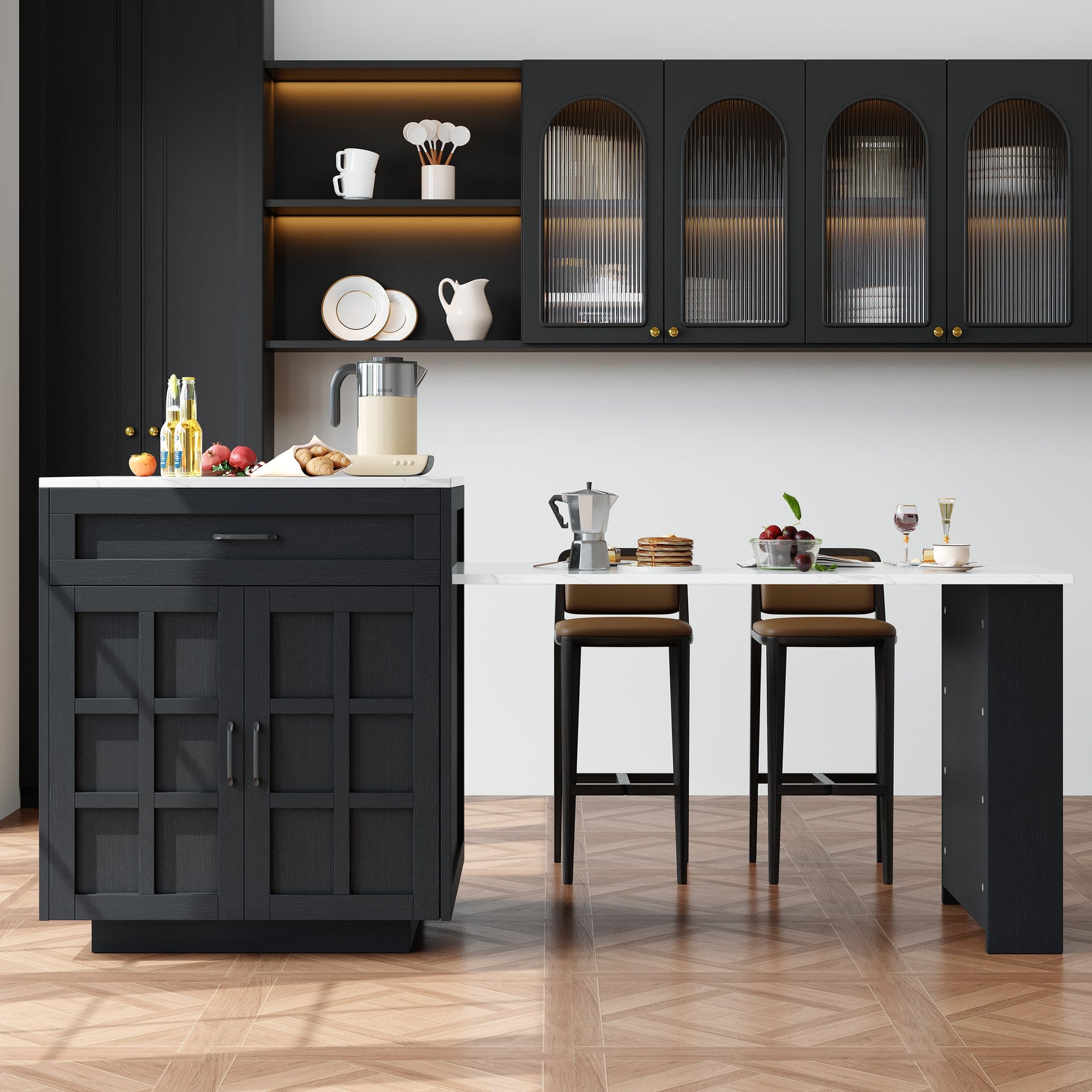 Extendable Bar Table Kitchen Island with Storage, 2 Drawers & Shelves - Black