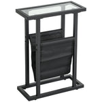 Side Table Coffee Table with Fabric Bag, Glass Top, Metal, Black