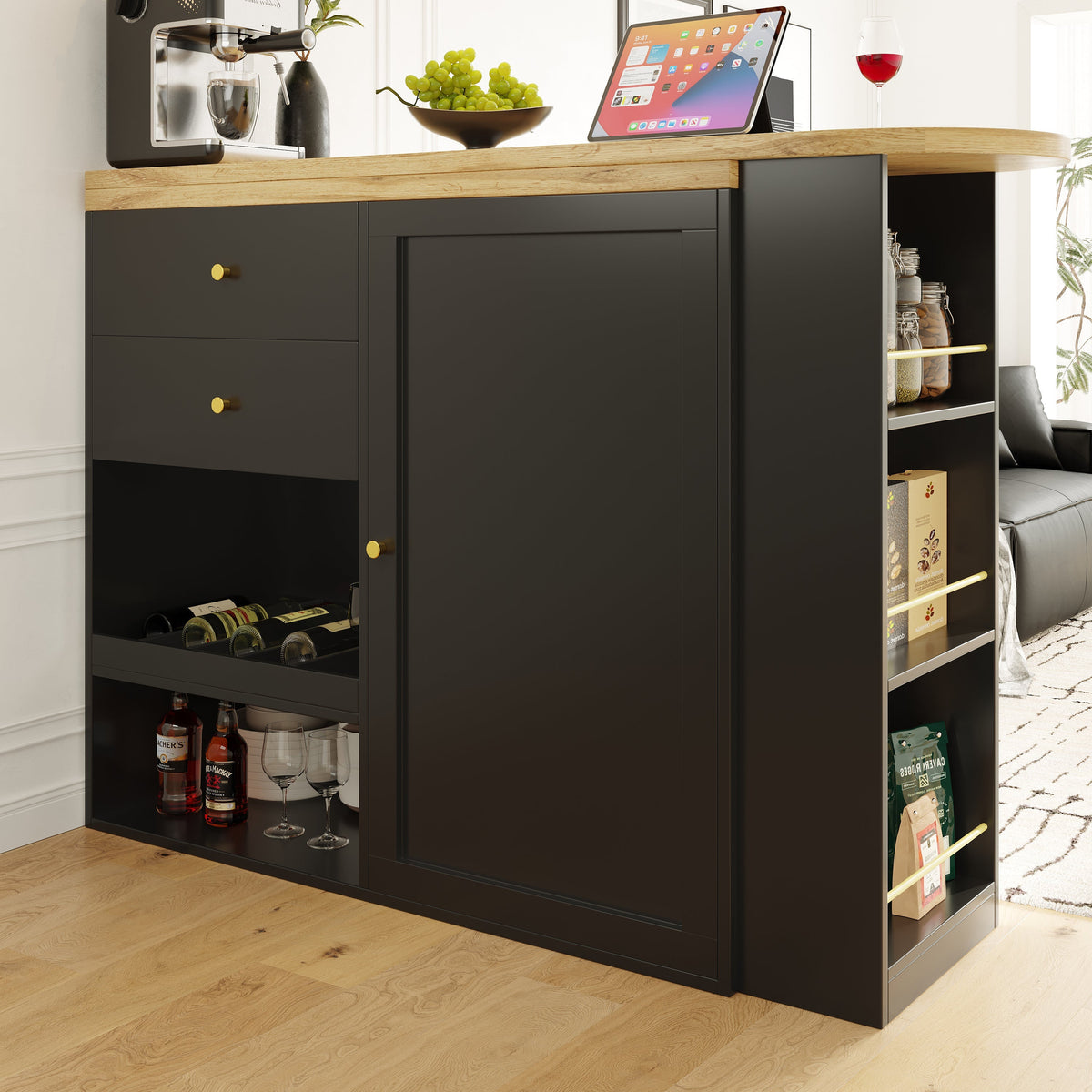 Rotating Bar Table Multifunctional Storage with 2 Drawers and Sliding Door Cabinet