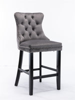 Contemporary Velvet Upholstered Barstools Set of 2 with Button Tufting & Wooden Legs, Gray