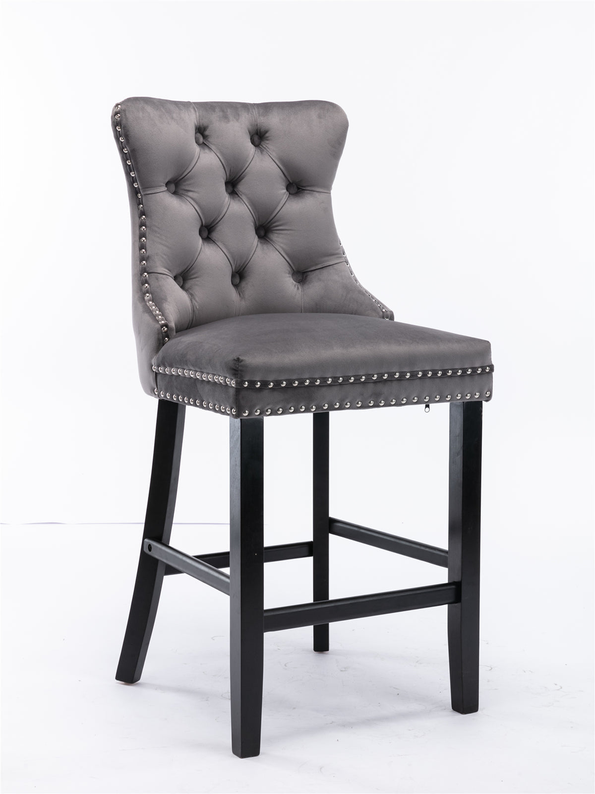 Contemporary Velvet Upholstered Barstools Set of 2 with Button Tufting & Wooden Legs, Gray