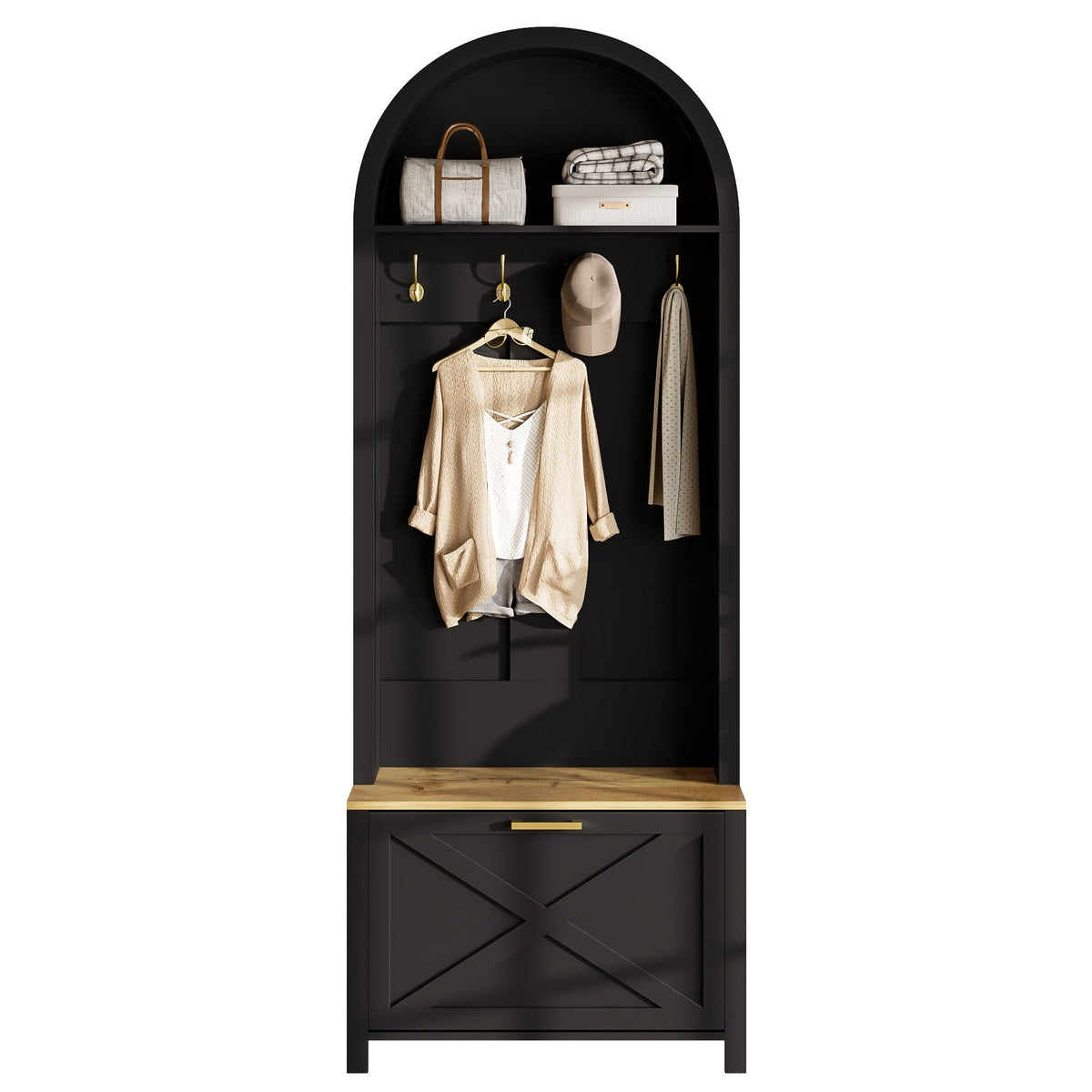Multifunctional Wardrobe with Shoe Rack, Shelf & Hooks - Hall Tree, Durable MDF Body