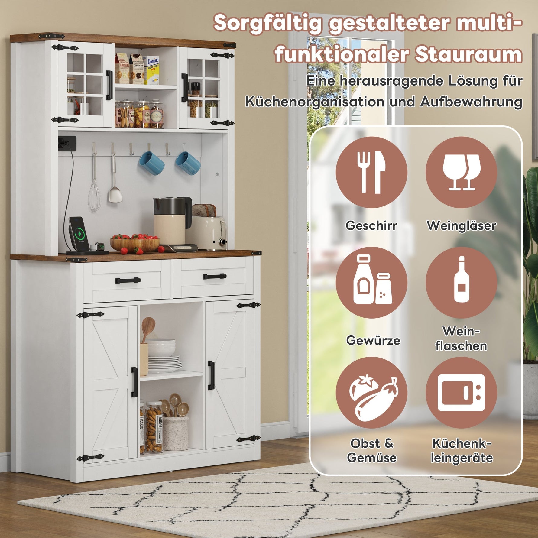 Bar Cabinet Buffet LED Sockets Barn Door 2 Drawers - White