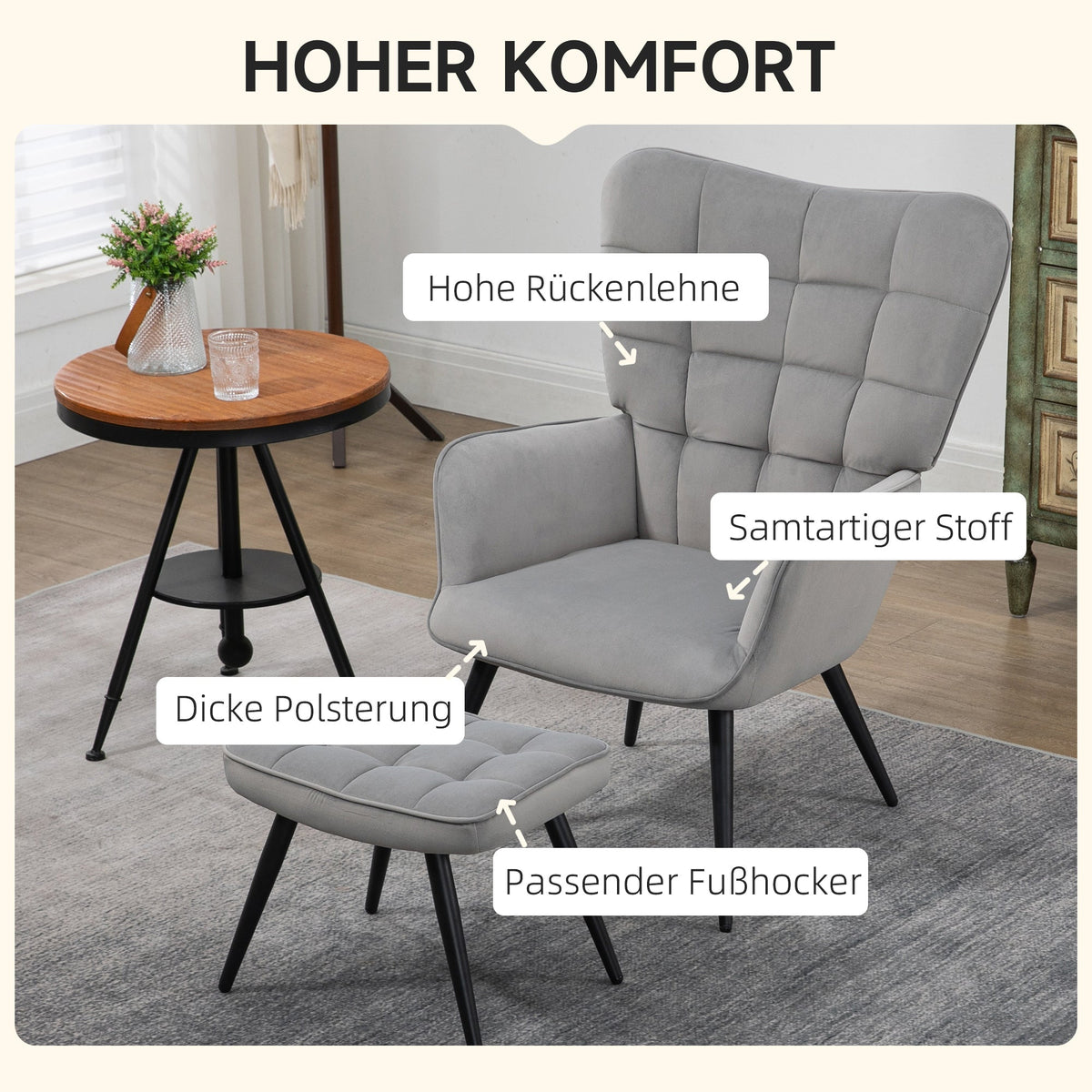 Wingback Chair with Footstool, Upholstered, Velvet Look, Light Grey