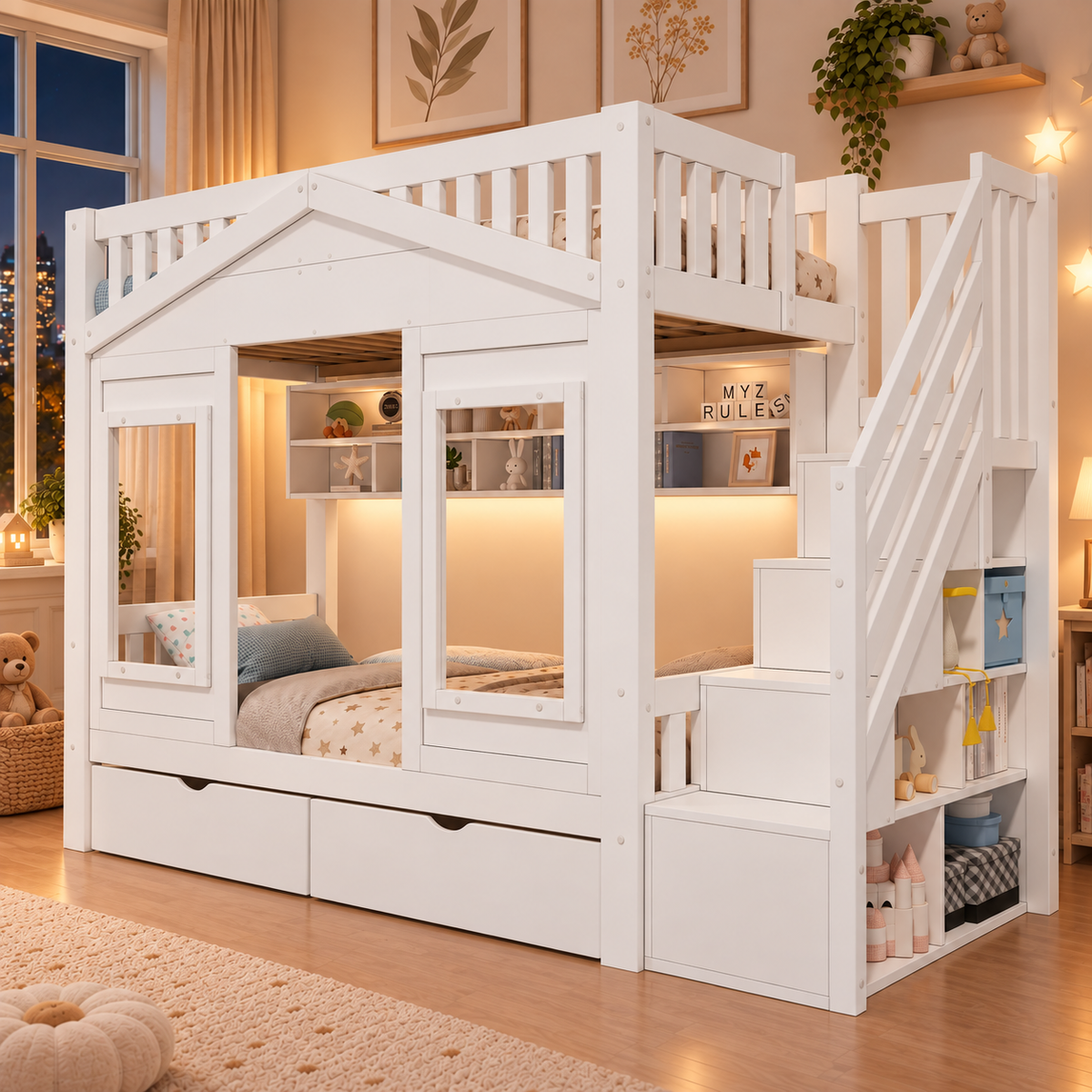 Children's Bunk Bed 90x200cm with Storage Stairs, Solid Wood White