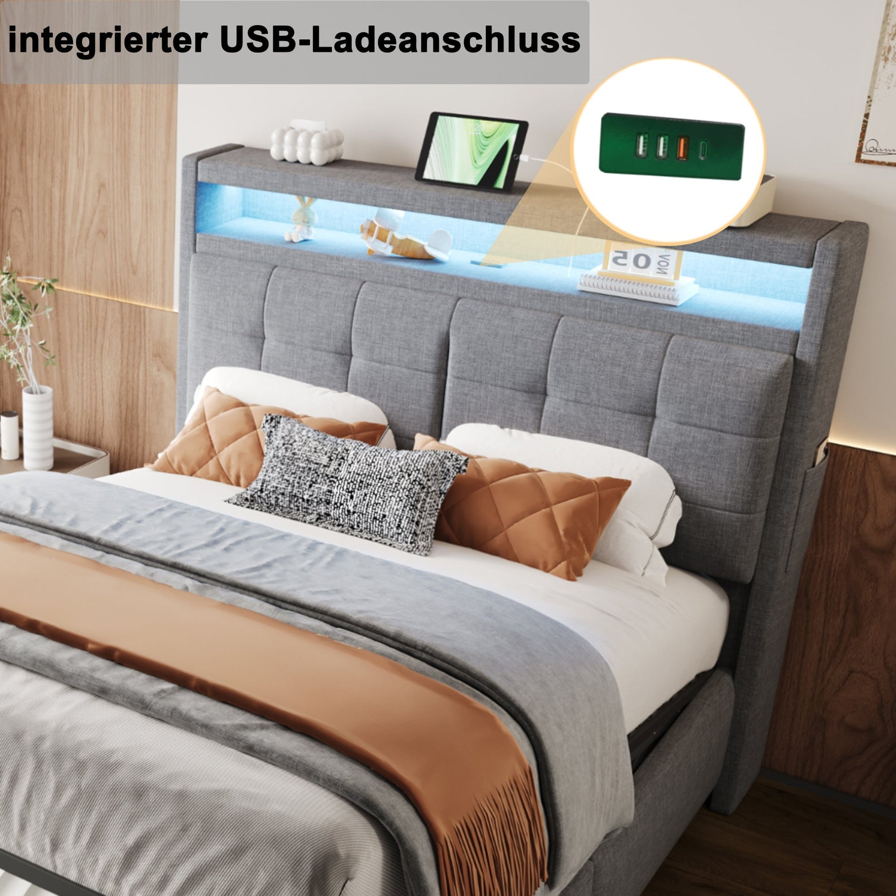 Upholstered Bed 140x200cm, LED & USB, Hydraulic Storage, Linen Fabric Gray