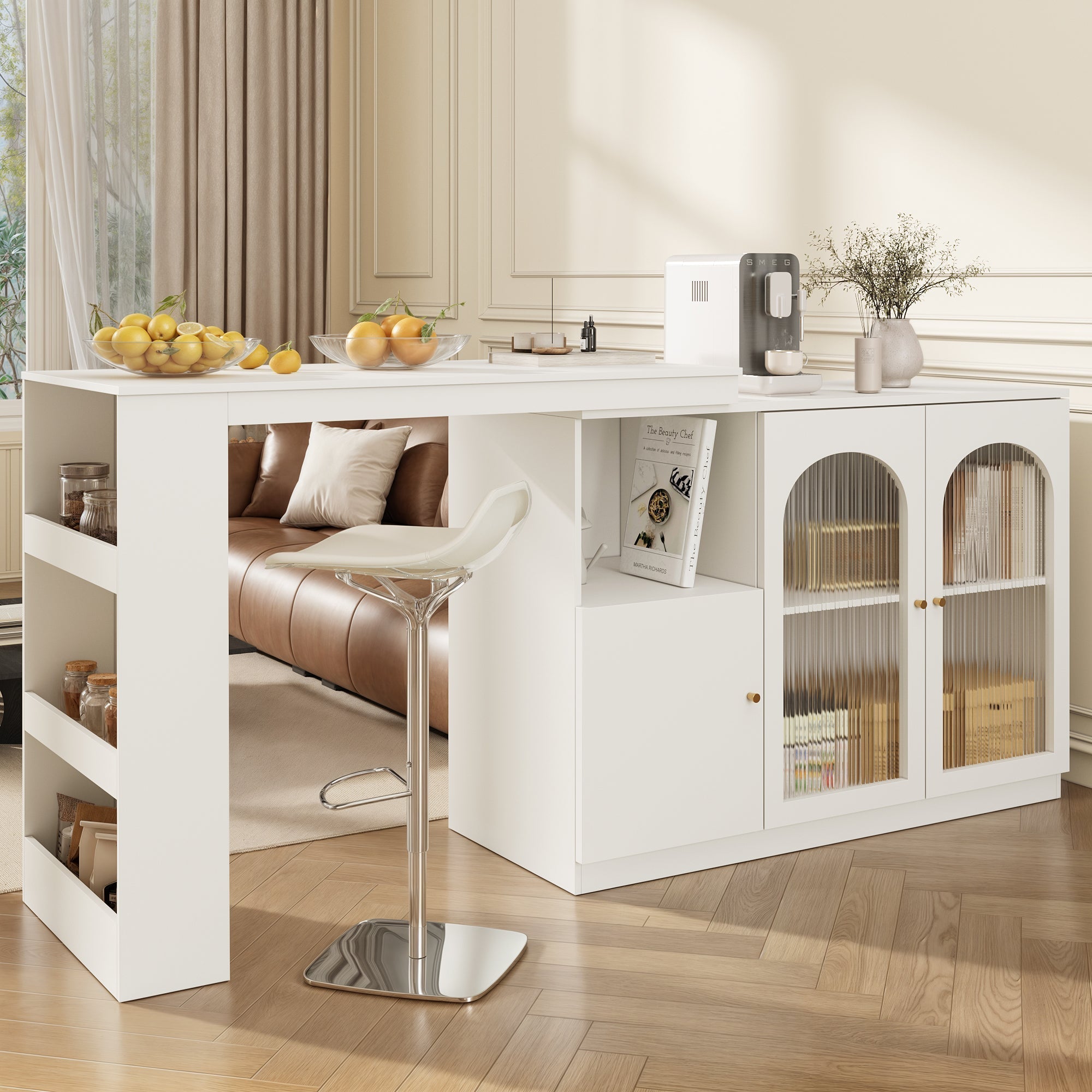 Bar Table, 360° Rotating Dining Cabinet with Glass Door, White