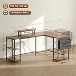 L-Shaped Desk with Corner Storage, Monitor Stand, Reversible - Rustic Brown