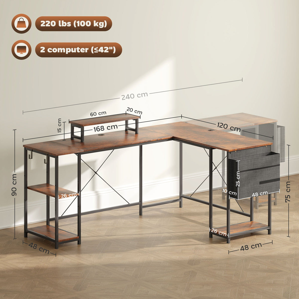 L-Shaped Desk with Corner Storage, Monitor Stand, Reversible - Rustic Brown
