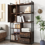 Bookcase, 6-Shelf Industrial Bookcase with Doors & Drawers, Floor to Ceiling, Antique Brown Steel