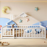Children's Flatbed with House Rail and Locking Railing, 140x190 cm, White Pine Wood