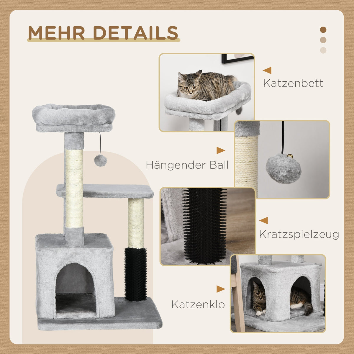 Cat Tree with Washable Bed, Litter Tray, Toys, Light Grey