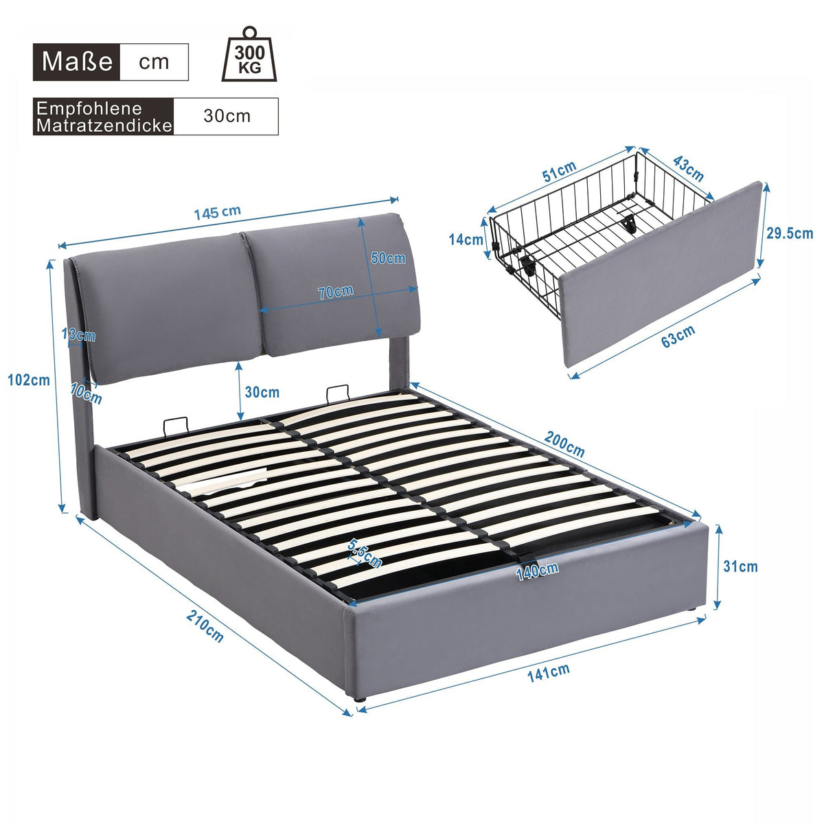 Upholstered Bed with Hydraulic Lift and 3 Drawers, 140x200 cm, Grey Velvet