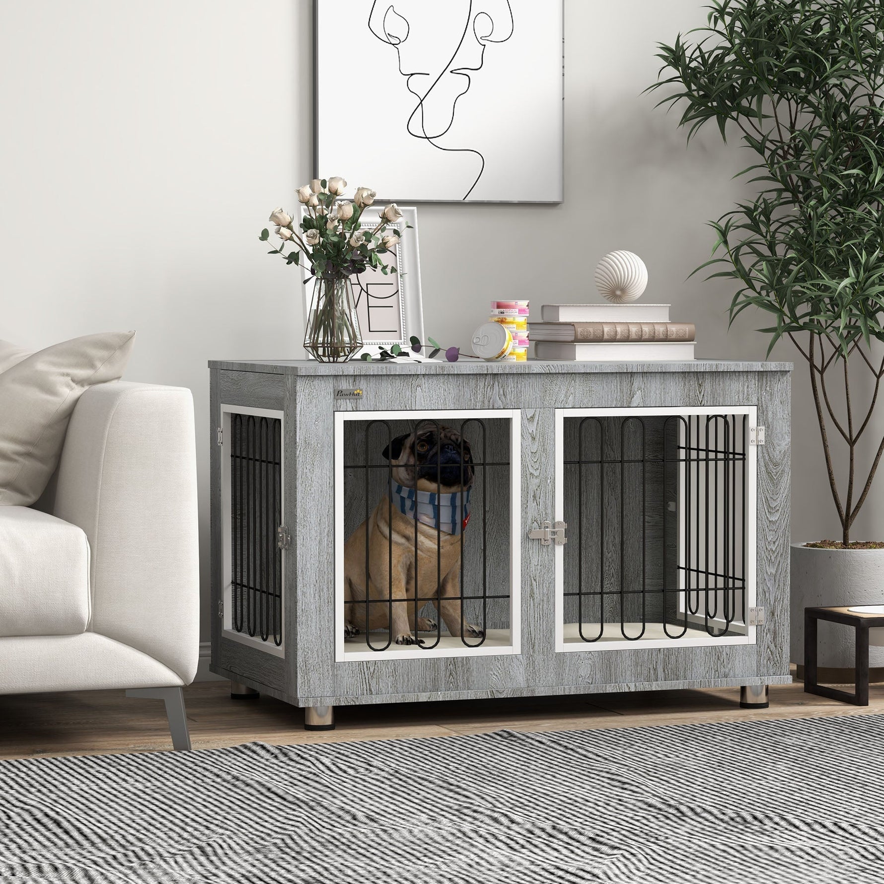 Dog Cage, Pet Crate with Cushion, 2 Locks, Grey