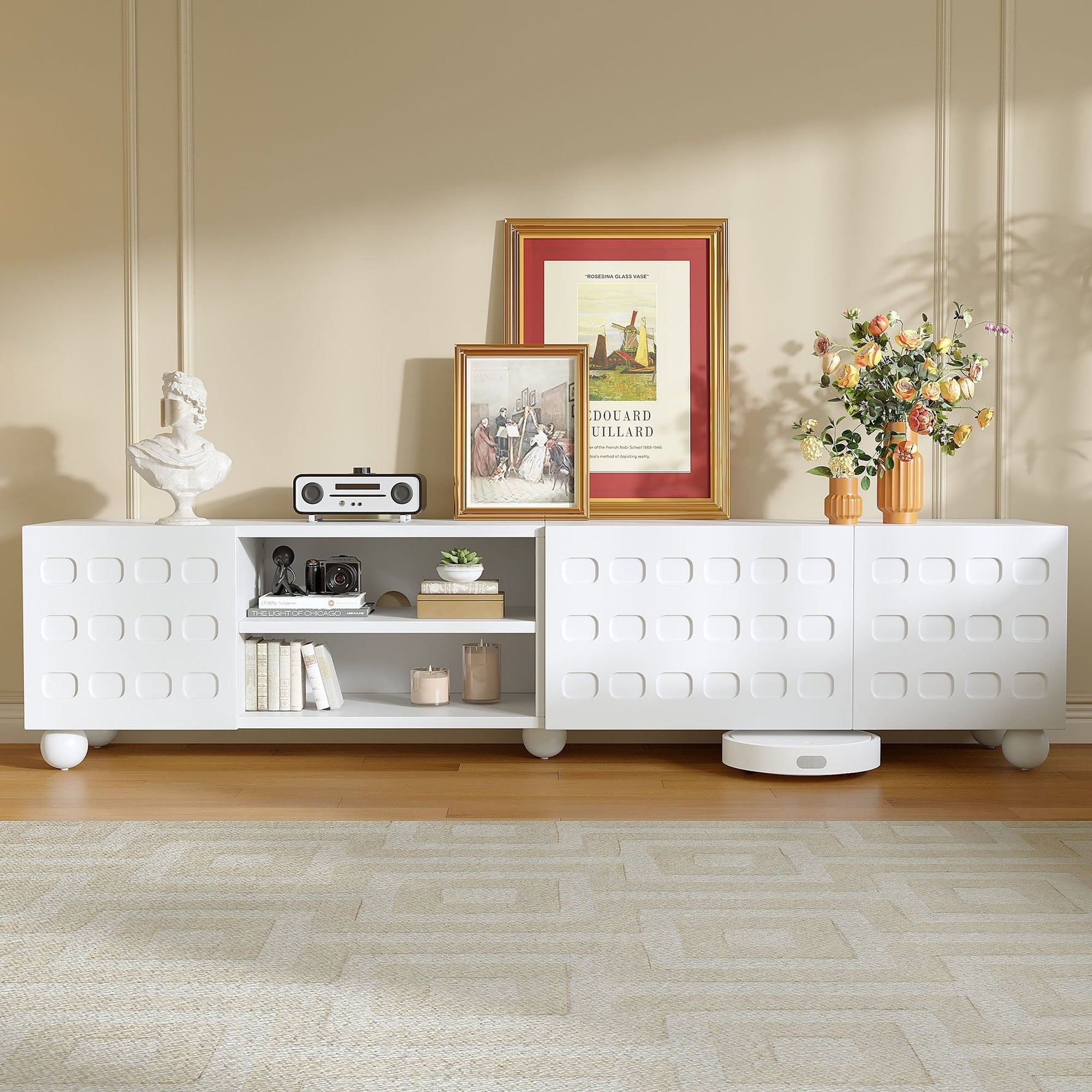 TV Cabinet Lowboard 200cm 3-Door Printed Design - White