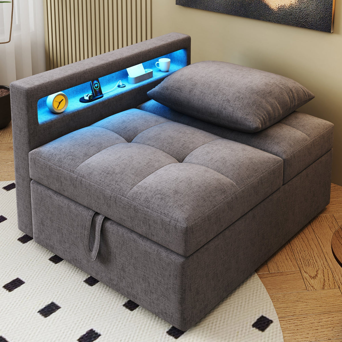 Upholstered Sleeper Sofa, 3-in-1 Multifunctional LED USB Ports, Linen Fabric
