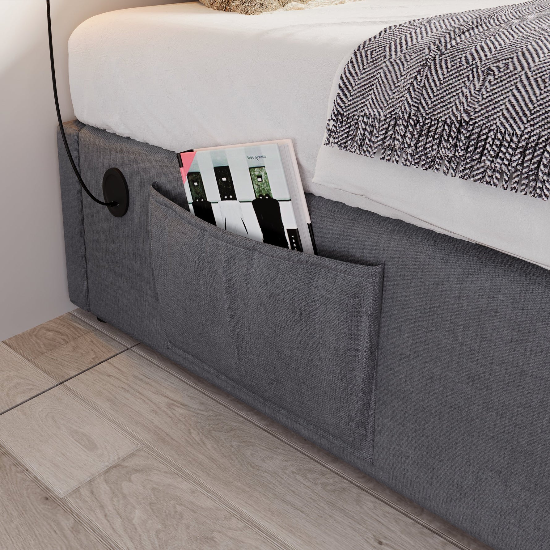Upholstered Double Bed with Storage, USB-C and Full Slatted Base, 160x200cm, Grey Cotton