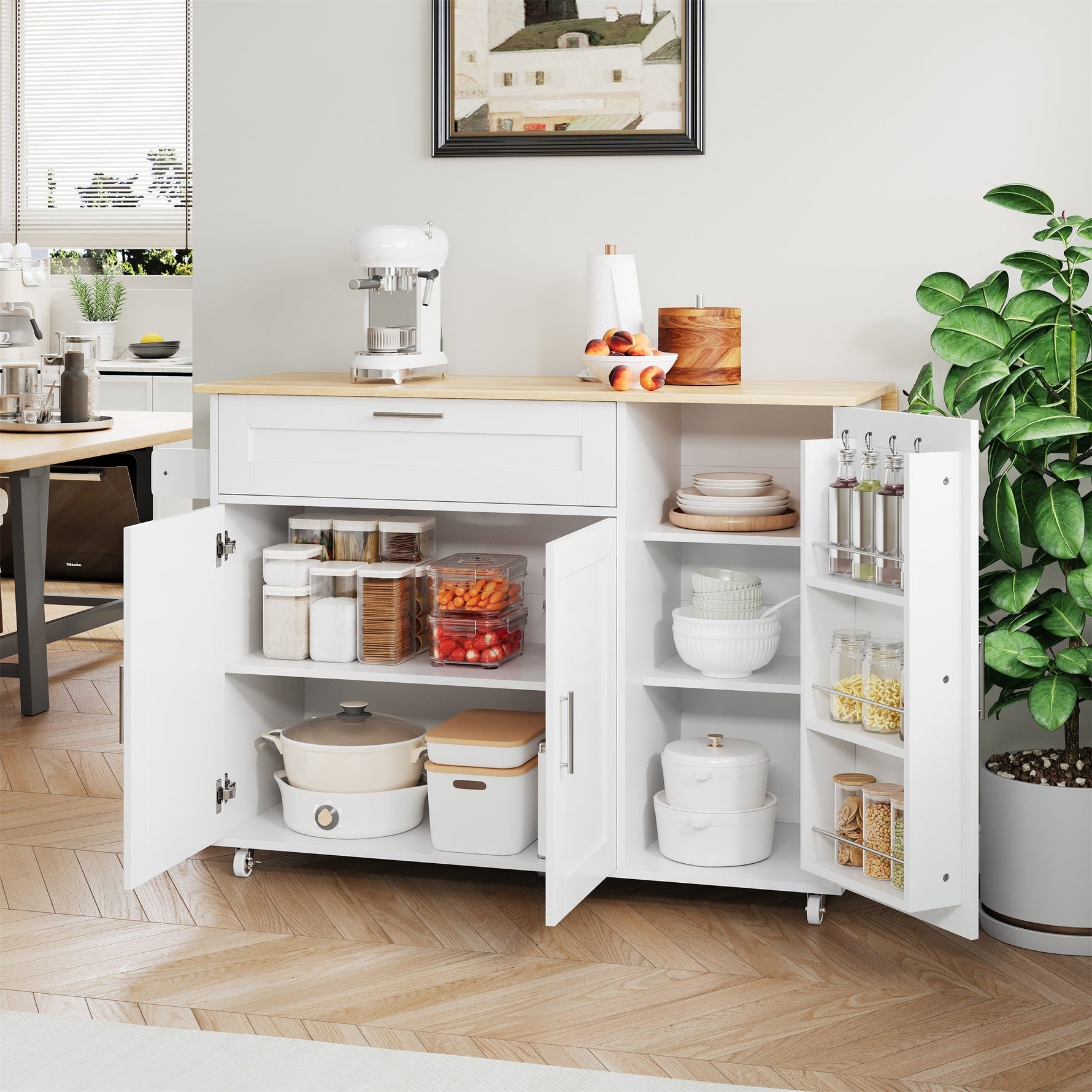 Mobile Kitchen Table 132.5cm Folding Worktop Storage Spice/Towel Rack - Oak Grain