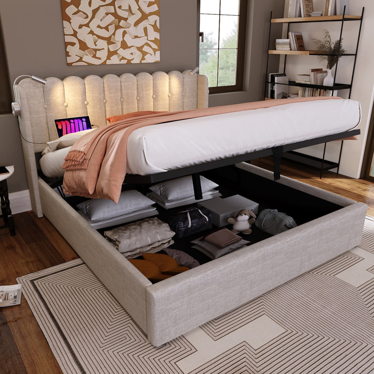 Upholstered Bed Double, Reading Light Storage Headboard, Linen Natural