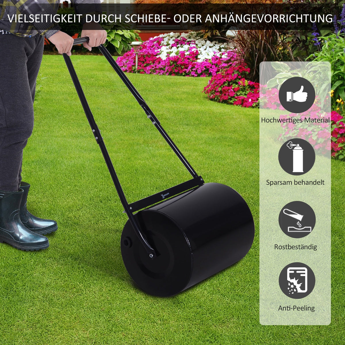 lawn roller with u-handle, 40 cm diameter, 60 L water/sand filling, metal black