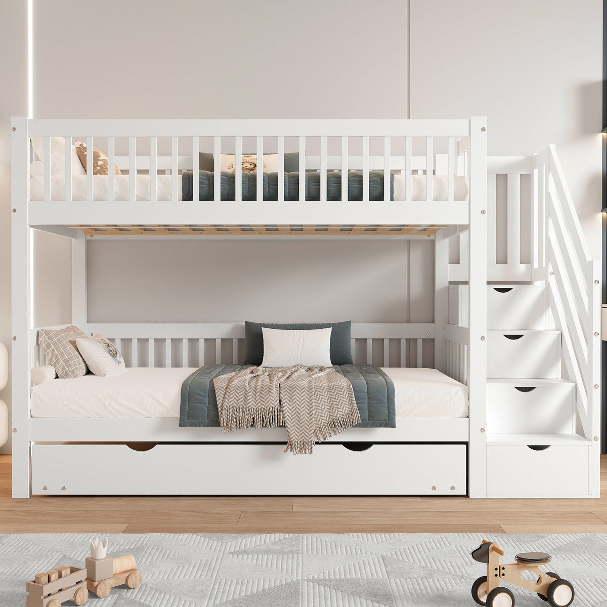 Bunk Bed Trundle Ladder Safety Rails 90x200/190cm, Pine+MDF White