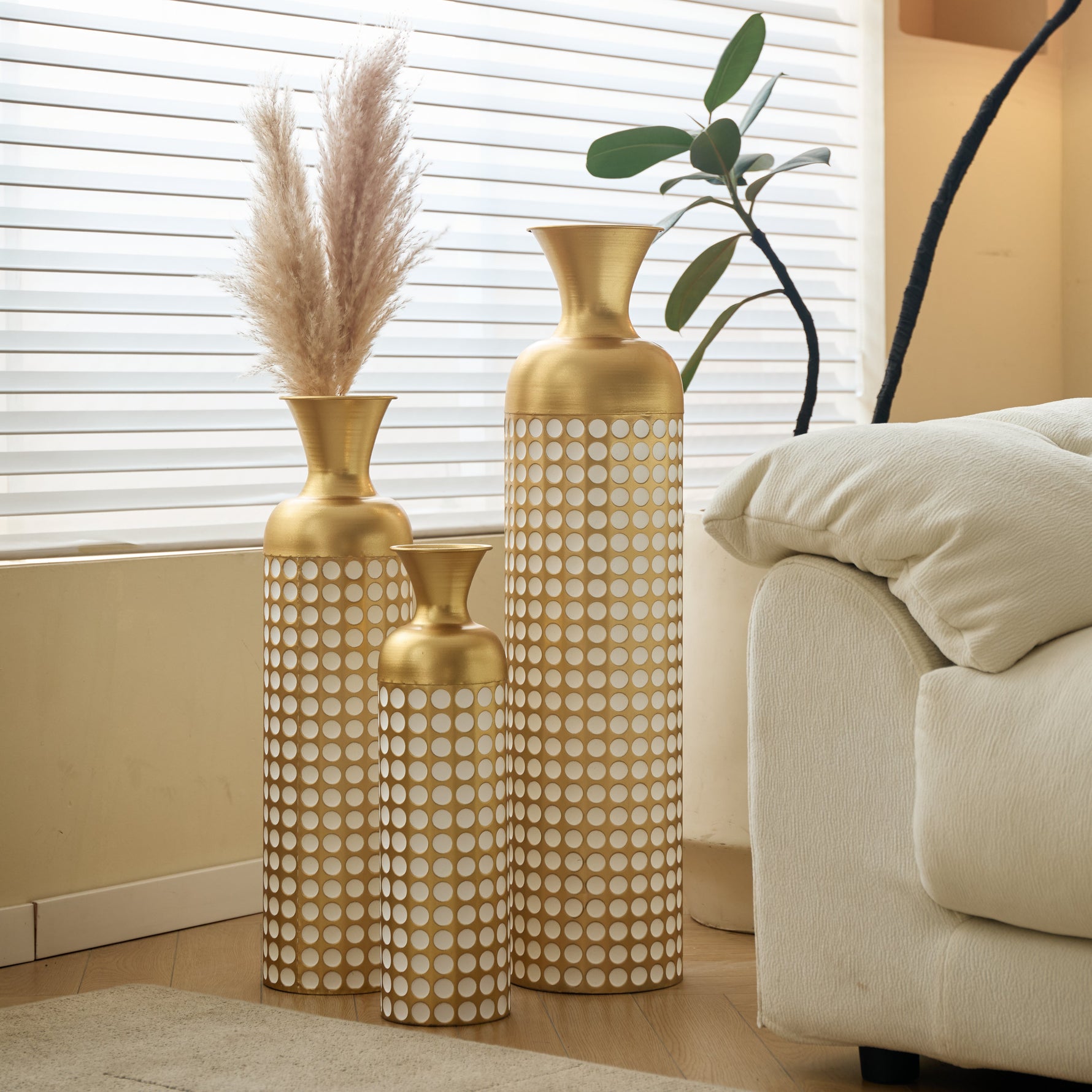 Floor Vase Set, 3 High Retro Vases 83/65/50cm, Decorative Metal Antique Gold