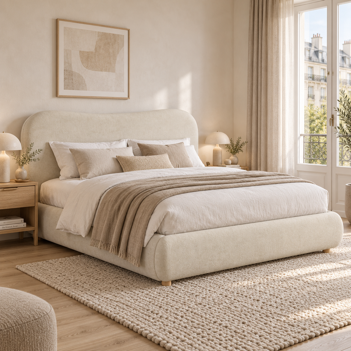 Upholstered Double Bed 160x200cm Hydraulic Storage, Beige Chenille