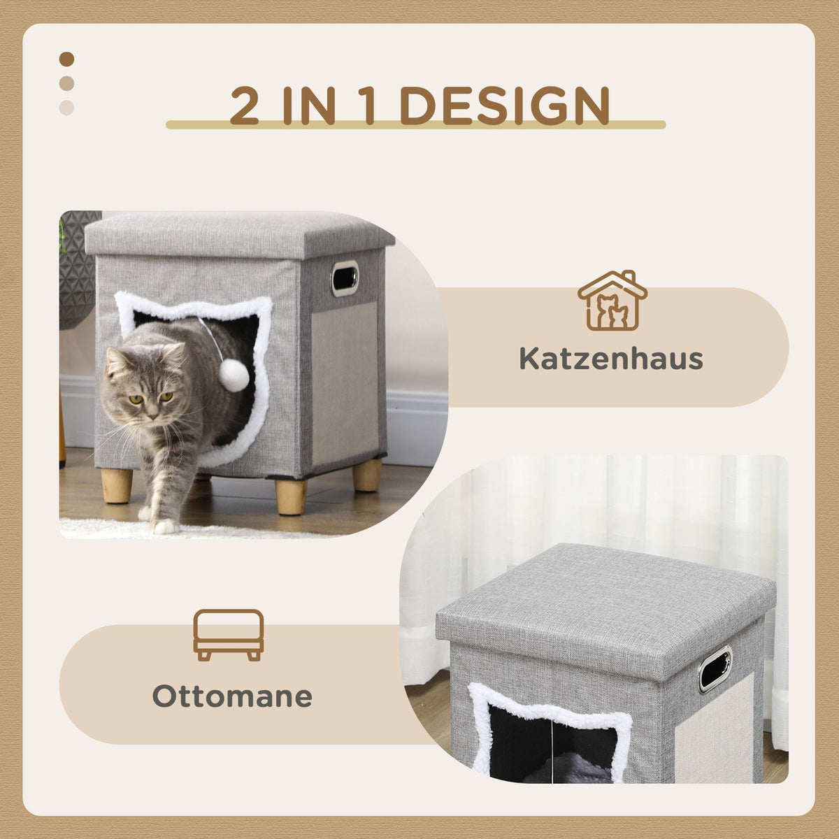 Cat Cave Ottoman, Cushion, Scratching Mat, Grey Polyester