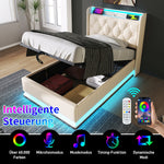 Upholstered Single Bed, 360° LED, Hydraulic Storage, USB-C Charging, White PU