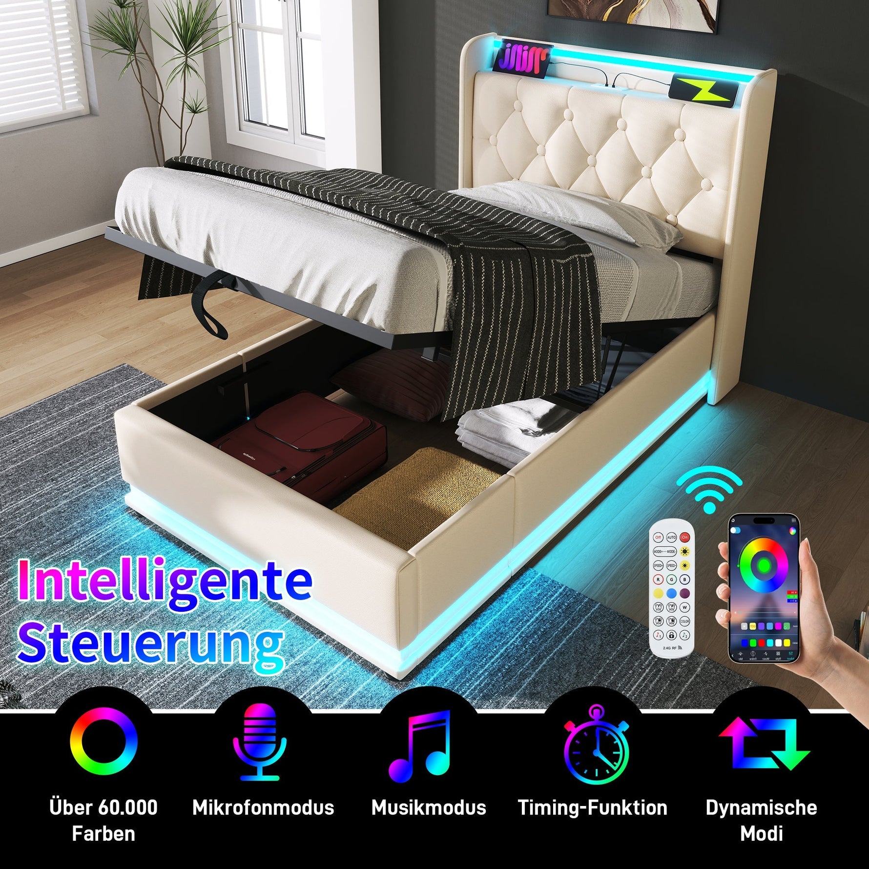 Upholstered Single Bed, 360° LED, Hydraulic Storage, USB-C Charging, White PU