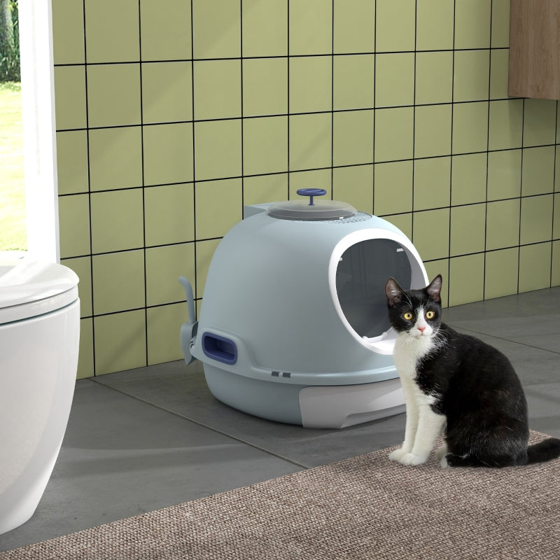 Cat Litter Box with Skylight, Bottom Tray & Scoop, Portable, Lake Blue PP ABS