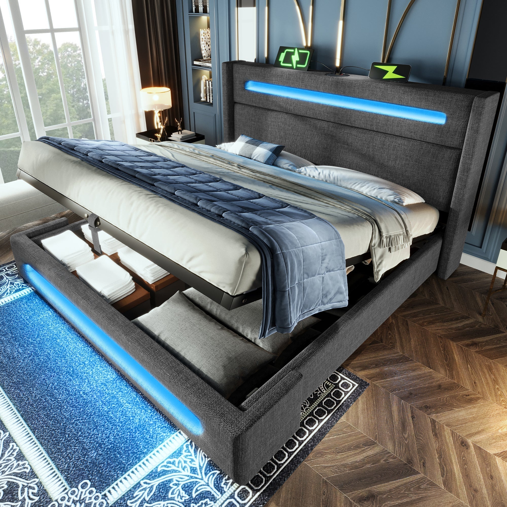 Upholstered Double Bed, 160x200cm, LED & Hydraulic Storage, Gray Linen