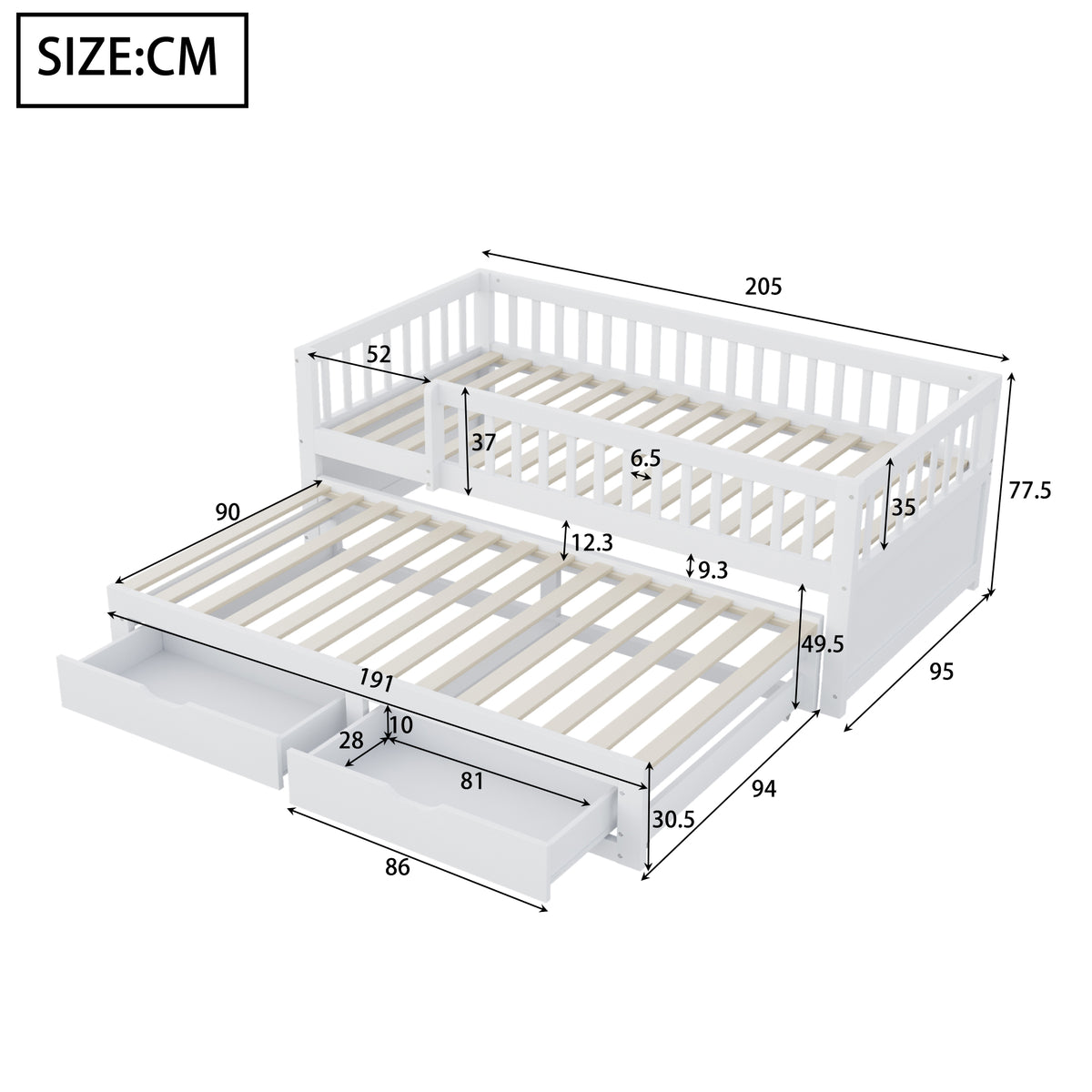 Solid Wood Sofa Bed 90x200cm with Pull-Out Bed & 2 Drawers, White