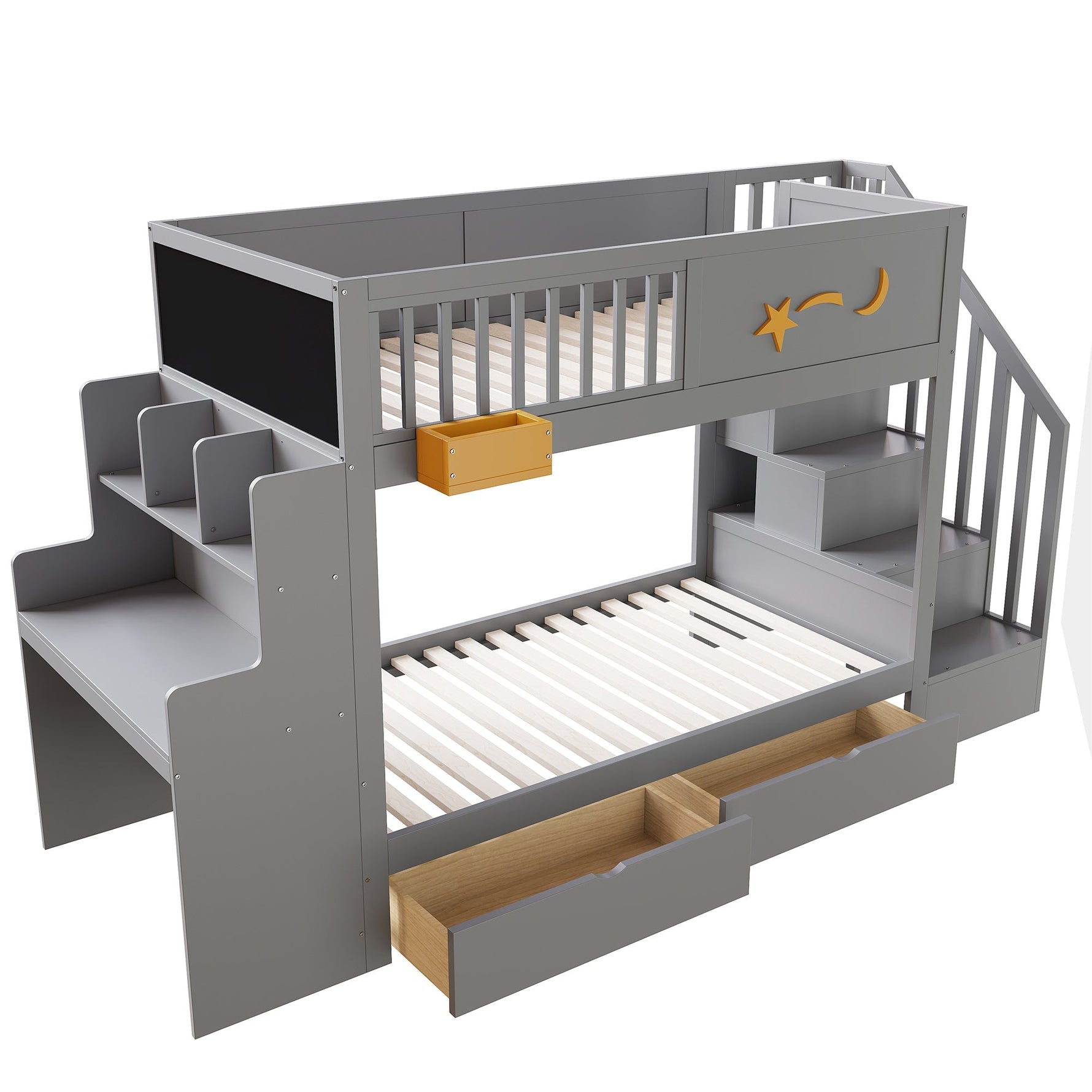 Bunk Bed with Desk, Storage Drawers and Star Motif, 90x200cm, Grey Pine Wood