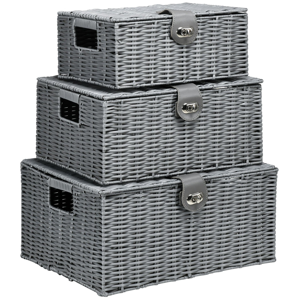 Storage Boxes Set of 3 with Lids & Buckles 18L 12L 7L, Grey