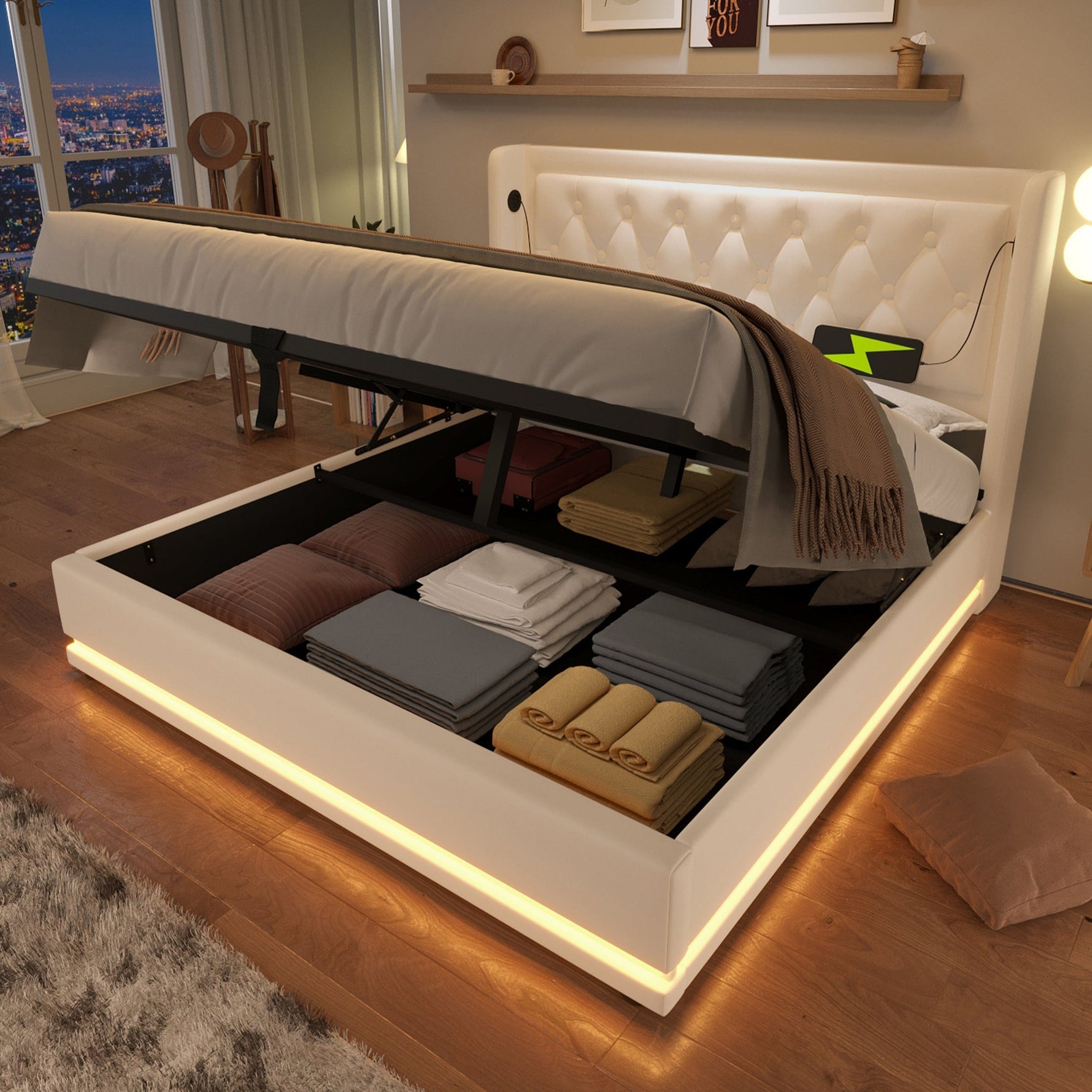 Upholstered Double Bed, Hydraulic Storage, USB-C, LED, White PU