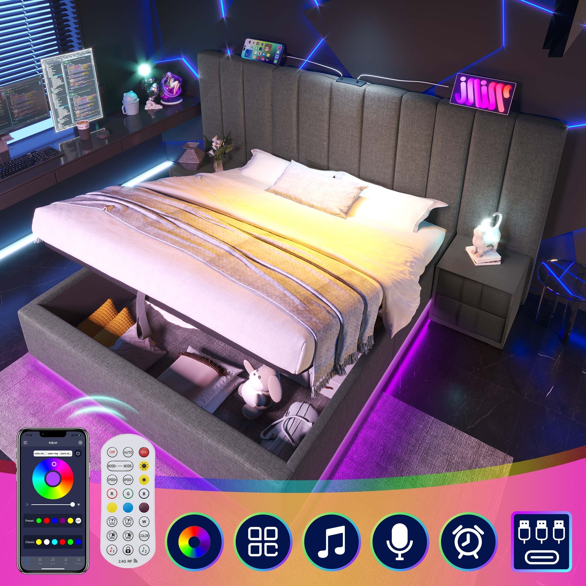 Upholstered Bed 160×200, Double Storage with App Control LED & USB-C, Linen Grey