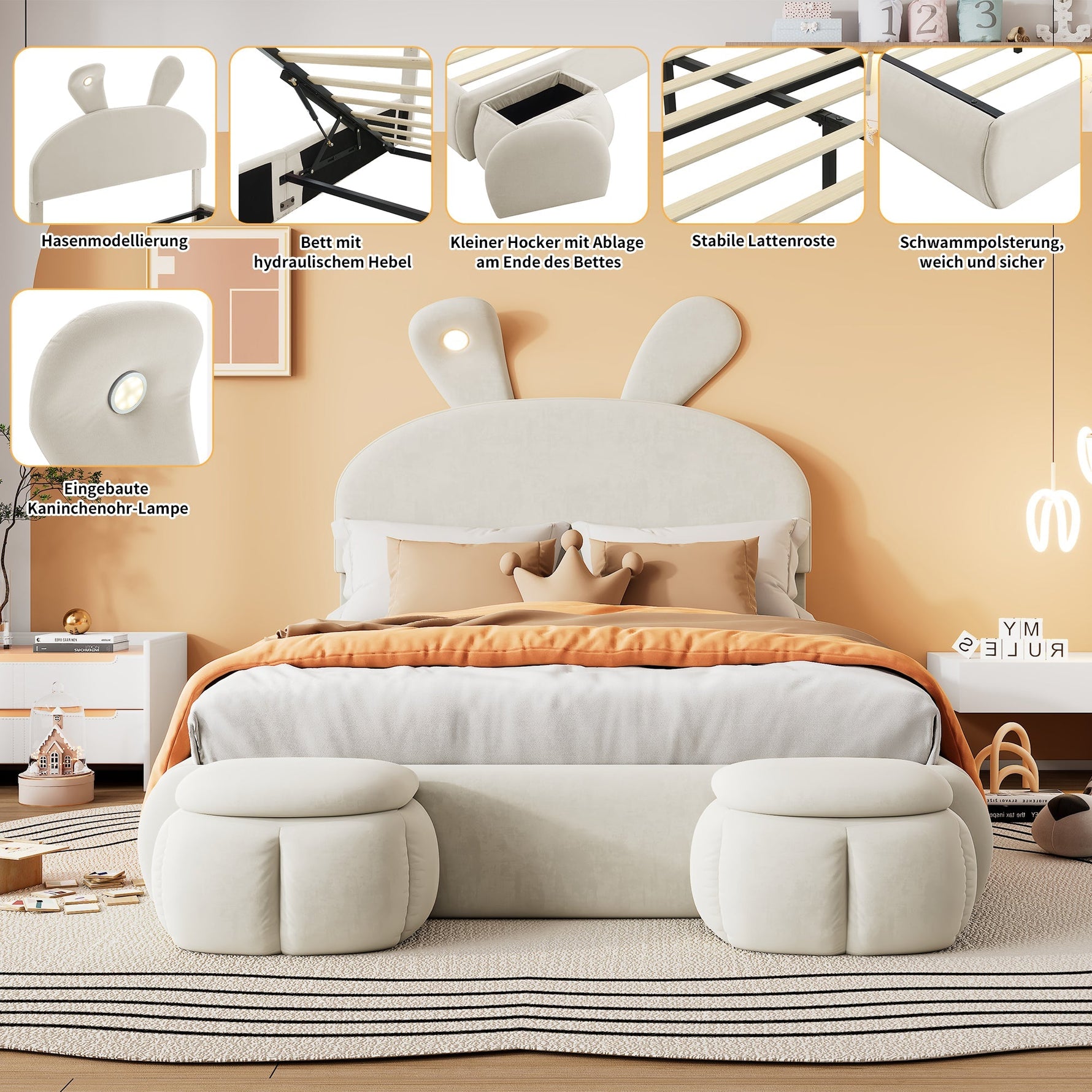 Upholstered Bed, Hydraulic with Rabbit Ears & Storage, Velvet Beige