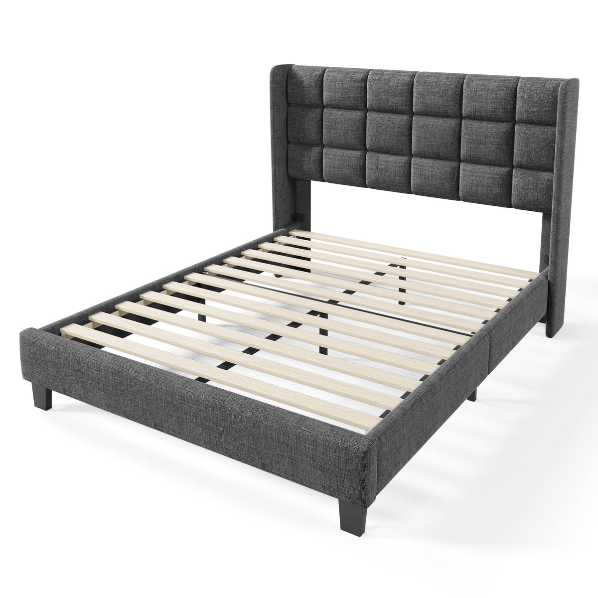 Upholstered Bed with Headboard, Slatted Frame, 140x200cm, Grey Linen