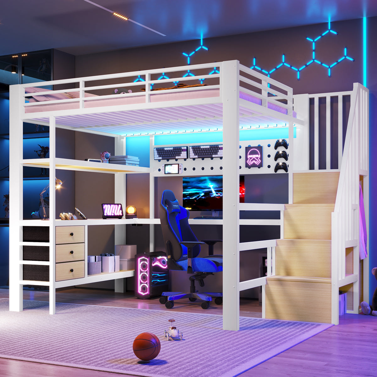 Loft Bed 140x200cm with Desk & Storage, White Metal
